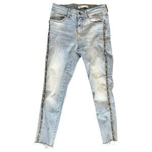 Zara Light Wash Beaded Side Stripe‎ Skinny Jeans Women’s 6 (38) Frayed Hem